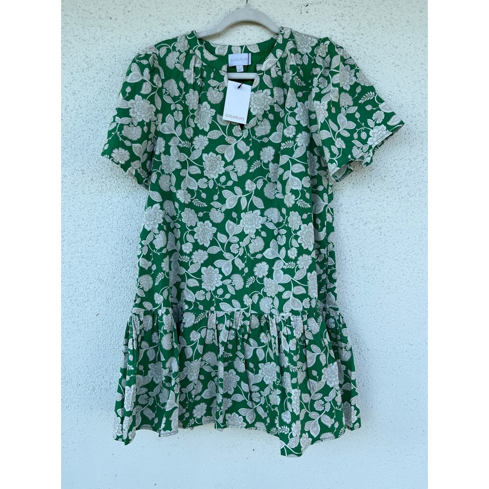 Sugar Lips Green Floral Print Tiered Mini Dress, Short Sleeve, Womens Small